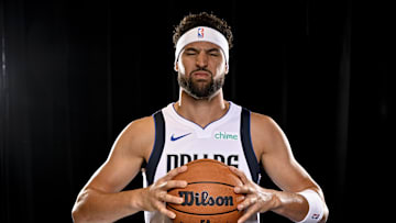 Sep 30, 2024; Dallas, TX, USA; Dallas Mavericks guard Klay Thompson (31) poses for a photo during the 2024 Dallas Mavericks media day. Mandatory Credit: Jerome Miron-Imagn Images