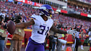 Nov 3, 2019; Kansas City, MO, USA; Minnesota Vikings running back Ameer Abdullah (31) celebrates after scoring during the second half against the Kansas City Chiefs at Arrowhead Stadium.