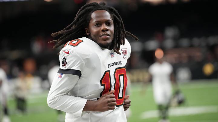 Oct 26, 2025; New Orleans, Louisiana, USA; Tampa Bay Buccaneers quarterback Teddy Bridgewater (10) runs off the field following a win over the New Orleans Saints at Caesars Superdome. Mandatory Credit: Matthew Hinton-Imagn Images