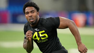Feb 27, 2025; Indianapolis, IN, USA; Syracuse defensive lineman Fadil Diggs (DL45) participates in drills during the 2025 NFL Combine at Lucas Oil Stadium. Mandatory Credit: Kirby Lee-Imagn Images