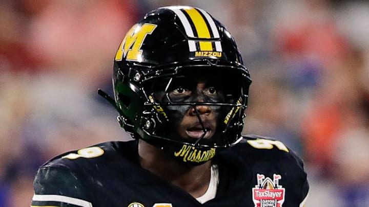 Dec 27, 2025; Jacksonville, FL, USA; Missouri Tigers defensive end Zion Young (9) looks on before a play against the Virginia Cavaliers in the first half at EverBank Stadium. Mandatory Credit: Travis Register-Imagn Images