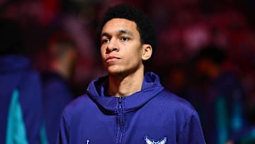 Mar 16, 2024; Philadelphia, Pennsylvania, USA; Charlotte Hornets guard Tre Mann (23) is introduced before the game against the Philadelphia 76ers at Wells Fargo Center. Mandatory Credit: Kyle Ross-Imagn Images