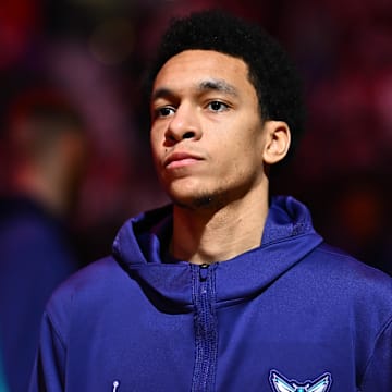 Mar 16, 2024; Philadelphia, Pennsylvania, USA; Charlotte Hornets guard Tre Mann (23) is introduced before the game against the Philadelphia 76ers at Wells Fargo Center. Mandatory Credit: Kyle Ross-Imagn Images
