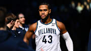 Mar 9, 2024; Philadelphia, Pennsylvania, USA; Villanova Wildcats forward Eric Dixon (43) is introduced before the game against the Creighton Bluejays at Wells Fargo Center. Mandatory Credit: Kyle Ross-Imagn Images