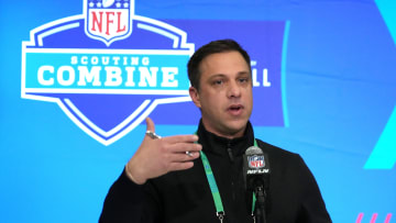 Feb 27, 2024; Indianapolis, IN, USA; Kansas City Chiefs general manager Brett Veach speaks during a press conference at the NFL Scouting Combine at Indiana Convention Center. Mandatory Credit: Kirby Lee-USA TODAY Sports