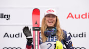 Mar 27, 2025; Sun Valley, ID, USA; Race winner Mikaela Shiffrin of the United States celebrates on the podium after winning the slalom alpine skiing race in the 2025 FIS Ski World Cup at Sun Valley. Mandatory Credit: Michael Madrid-Imagn Images