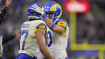 Dec 10, 2023; Baltimore, Maryland, USA;  Los Angeles Rams wide receiver Puka Nacua (17) celebrates his catch against the Baltimore Ravens with wide receiver Cooper Kupp (10) during the fourth quarter at M&T Bank Stadium. Mandatory Credit: Jessica Rapfogel-USA TODAY Sports