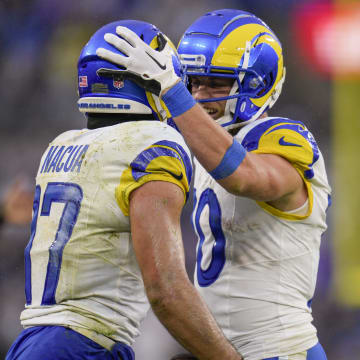 Dec 10, 2023; Baltimore, Maryland, USA;  Los Angeles Rams wide receiver Puka Nacua (17) celebrates his catch against the Baltimore Ravens with wide receiver Cooper Kupp (10) during the fourth quarter at M&T Bank Stadium. Mandatory Credit: Jessica Rapfogel-USA TODAY Sports