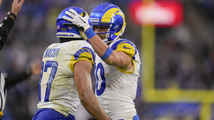 Dec 10, 2023; Baltimore, Maryland, USA;  Los Angeles Rams wide receiver Puka Nacua (17) celebrates his catch against the Baltimore Ravens with wide receiver Cooper Kupp (10) during the fourth quarter at M&T Bank Stadium. Mandatory Credit: Jessica Rapfogel-USA TODAY Sports