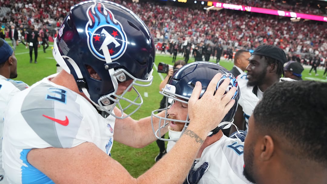 Oct 5, 2025; Glendale, Arizona, USA; Tennessee Titans kicker Joey Slye (6) celebrates his 29-yard field goal for a last second win with holder Johnny Hekker (3) against the Arizona Cardinals during the fourth quarter at State Farm Stadium. Mandatory Credit: Joe Camporeale-Imagn Images