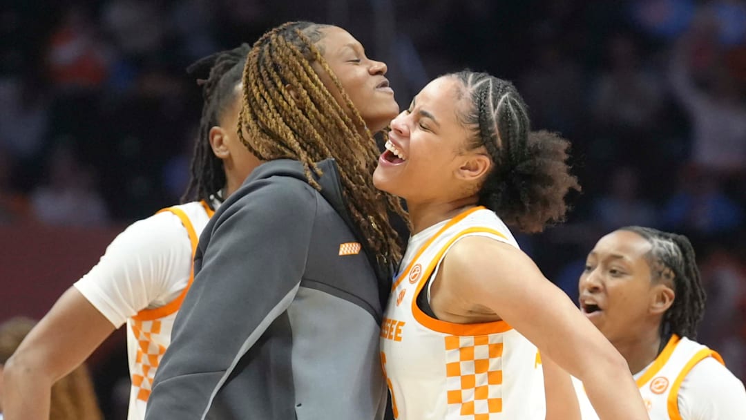 Tennessee's Deniya Prawl (25) celebrates with Tennessee's Janiah Barker (0) during a game between the Lady Vols and Kentucky at Thompson-Boling Arena at Food City Center in Knoxville, Tenn., Jan. 22, 2026. Tennessee defeated Kentucky.