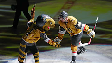 Apr 20, 2025; Las Vegas, Nevada, USA; Vegas Golden Knights center Tomas Hertl (48) celebrates with Vegas Golden Knights mascot Chance after being named Second Star of the Game as the Golden Knights defeated the Minnesota Wild 4-2 in game one of the first round of the 2025 Stanley Cup Playoffs at T-Mobile Arena. Mandatory Credit: Stephen R. Sylvanie-Imagn Images