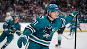Nov 29, 2024; San Jose, California, USA; San Jose Sharks center Macklin Celebrini (71) reacts after scoring a goal against the Seattle Kraken during the second period at SAP Center at San Jose. Mandatory Credit: Robert Edwards-Imagn Images