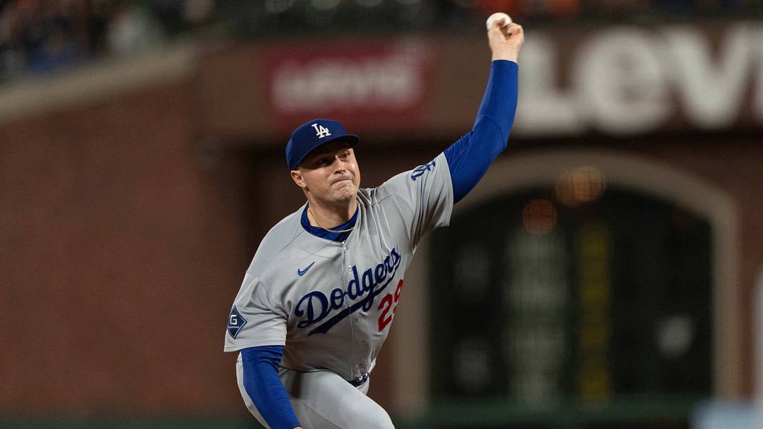 Sep 25, 2026; San Francisco, California, USA;  Los Angeles Dodgers pitcher Tarik Skubal (29) pitches during the first inning against the San Francisco Giants at Oracle Park.  Mandatory Credit: Stan Szeto-Imagn Images