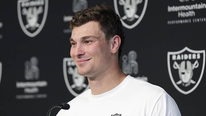 Las Vegas Raiders quarterback Fernando Mendoza speaks during a news conference at the team’s Rookie Minicamp.