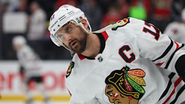 Feb 25, 2025; Salt Lake City, Utah, USA; Chicago Blackhawks left wing Nick Foligno (17) warms up before a game against the Utah Hockey Club at Delta Center. Mandatory Credit: Rob Gray-Imagn Images