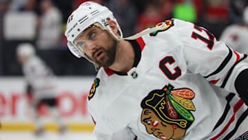 Feb 25, 2025; Salt Lake City, Utah, USA; Chicago Blackhawks left wing Nick Foligno (17) warms up before a game against the Utah Hockey Club at Delta Center. Mandatory Credit: Rob Gray-Imagn Images