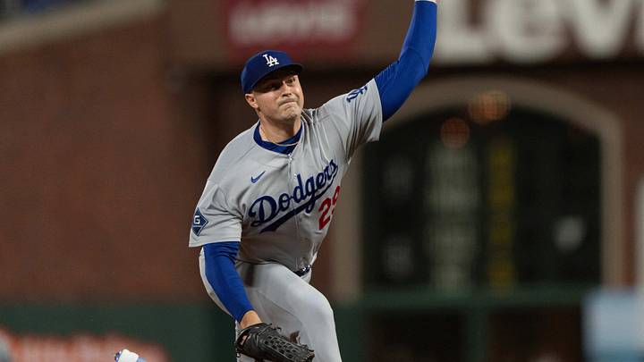 San Francisco, California, USA;  Los Angeles Dodgers pitcher Tarik Skubal (29) pitches during the first inning against the San Francisco Giants at Oracle Park.  Mandatory Credit: Stan Szeto-Imagn Images