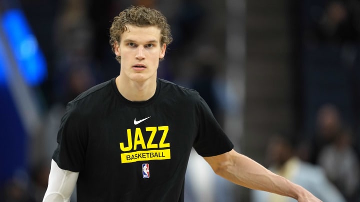 Nov 25, 2022; San Francisco, California, USA; Utah Jazz forward Lauri Markkanen (23) warms up before the game against the Golden State Warriors at Chase Center. 