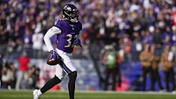 Nov 12, 2023; Baltimore, Maryland, USA;  Baltimore Ravens safety Marcus Williams (32) reacts after a defensive play against the Cleveland Browns at M&T Bank Stadium. Mandatory Credit: Jessica Rapfogel-Imagn Images