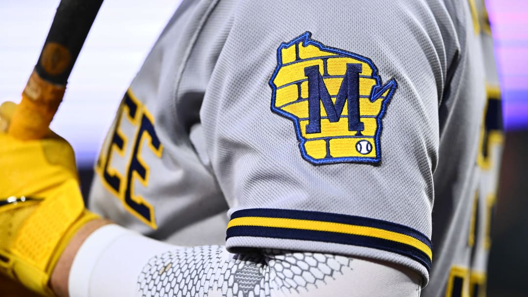 Jul 20, 2023; Philadelphia, Pennsylvania, USA; A view of the Milwaukee Brewers logo as seen on outfielder Jesse Winker (33) against the Philadelphia Phillies in the sixth inning at Citizens Bank Park. Mandatory Credit: Kyle Ross-USA TODAY Sports