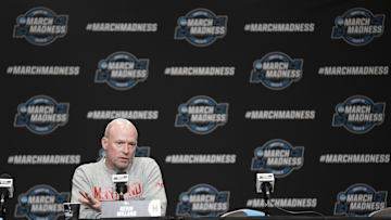 March 26, 2025; San Francisco, CA, USA; Maryland Terrapins head coach Kevin Willard addresses the media in a press conference during NCAA Tournament West Regional Practice at Chase Center. Mandatory Credit: Kyle Terada-Imagn Images