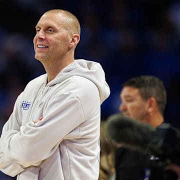 Oct 11, 2025; Lexington, KY, USA; Kentucky Wildcats head coach Mark Pope watches the action during Big Blue Madness at Rupp Arena at Central Bank Center. Mandatory Credit: Jordan Prather-Imagn Images