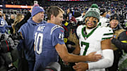 Nov 13, 2025; Foxborough, Massachusetts, USA; New England Patriots quarterback Drake Maye (10) and New York Jets quarterback Justin Fields (7) react after the game at Gillette Stadium. Mandatory Credit: Eric Canha-Imagn Images