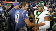 Nov 13, 2025; Foxborough, Massachusetts, USA; New England Patriots quarterback Drake Maye (10) and New York Jets quarterback Justin Fields (7) react after the game at Gillette Stadium. Mandatory Credit: Eric Canha-Imagn Images