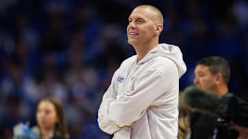 Oct 11, 2025; Lexington, KY, USA; Kentucky Wildcats head coach Mark Pope watches the action during Big Blue Madness at Rupp Arena at Central Bank Center. Mandatory Credit: Jordan Prather-Imagn Images