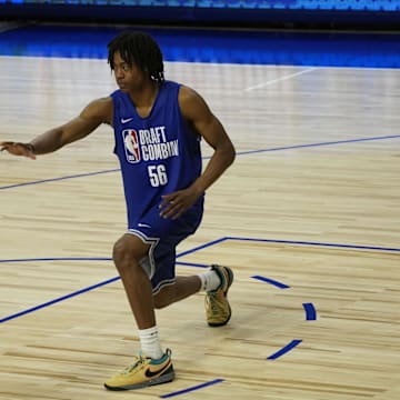 May 13, 2025; Chicago, Il, USA; Tre Johnson (56) participates in the 2025 NBA Draft Combine at Wintrust Arena.