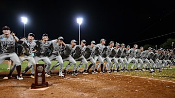 Jun 9, 2024; College Station, TX, USA; Texas A&M celebrates after sweeping Oregon in the Bryan-College Station Super Regional series at Olsen Field, Blue Bell Park Mandatory Credit: Maria Lysaker-USA TODAY Sports