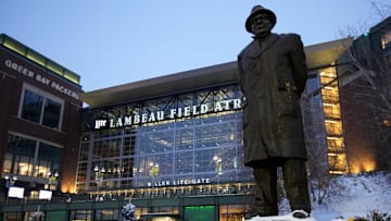 General view of the Vince Lombardi statue outside of Lambeau Field prior to the game against the New Orleans Saints 