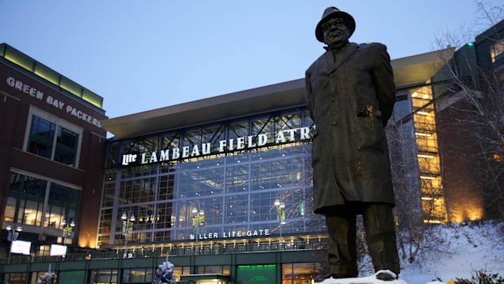 General view of the Vince Lombardi statue outside of Lambeau Field prior to the game against the New Orleans Saints 