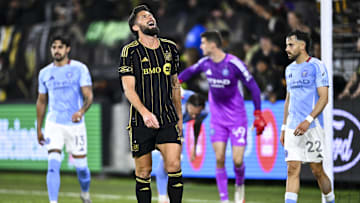 Mar 1, 2025; Los Angeles, California, USA; Los Angeles FC forward Olivier Giroud (9) reacts during the second half against New York City FC at BMO Stadium. Mandatory Credit: Kelvin Kuo-Imagn Images