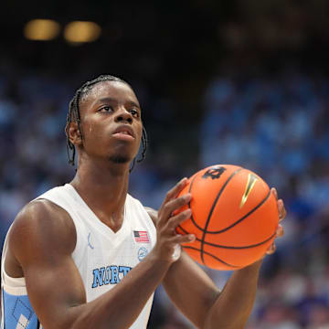 Nov 7, 2025; Chapel Hill, North Carolina, USA;  North Carolina Tar Heels forward Caleb Wilson (8) at the free throw line in the second half at Dean E. Smith Center. Mandatory Credit: Bob Donnan-Imagn Images