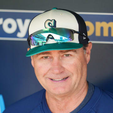 Seattle Mariners manager Scott Servais (9) talks to reporters prior to a game against the Kansas City Royals at Kauffman Stadium on June 9.