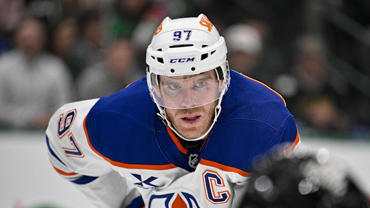 Mar 12, 2026; Dallas, Texas, USA; Edmonton Oilers center Connor McDavid (97) looks on during the game between the Stars and the Oilers at the American Airlines Center. Mandatory Credit: Jerome Miron-Imagn Images