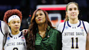 Notre Dame head coach Niele Ivey, center, guards Hannah Hidalgo (3) and Sonia Citron (11) look on after winning the second round of the NCAA Women's Basketball Tournament 76-55 against Michigan at Purcell Pavilion on Sunday, March 23, 2025, in South Bend.