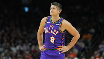 Jan 11, 2025; Phoenix, Arizona, USA; Phoenix Suns guard Grayson Allen (8) looks on against the Utah Jazz during the first half at Footprint Center. Mandatory Credit: Joe Camporeale-Imagn Images