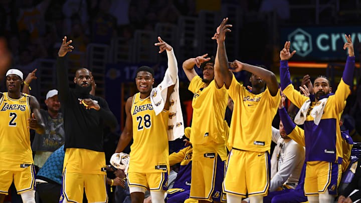 Los Angeles Lakers forward Jarred Vanderbilt (2), forward LeBron James (23), forward Rui Hachimura (28), center Jaxson Hayes 