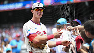 May 18, 2025; Philadelphia, Pennsylvania, USA; Philadelphia Phillies outfielder Max Kepler (17) signs autographs before the game against the Pittsburgh Pirates at Citizens Bank Park.