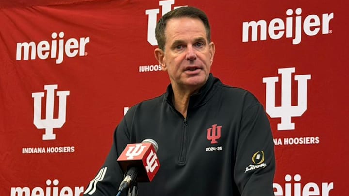 Indiana football coach Curt Cignetti speaks to reporters Monday afternoon in Memorial Stadium.