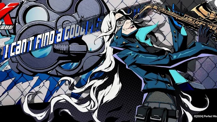 An old woman with flowing grey hair in a dark blue jacket playing the saxophone.