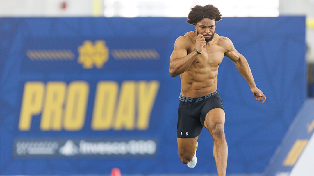 Wide receiver Will Pauling runs the 40-yard dash during Notre Dame football's Pro Day at Irish Athletic Center on Tuesday, March 24, 2026, in South Bend.
