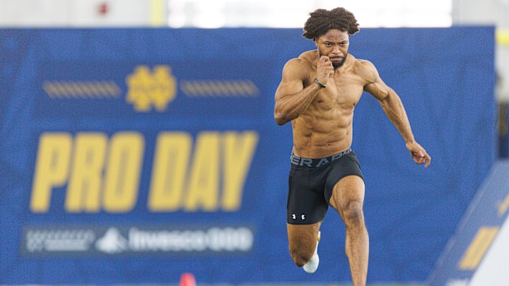 Wide receiver Will Pauling runs the 40-yard dash during Notre Dame football's Pro Day at Irish Athletic Center on Tuesday, March 24, 2026, in South Bend.