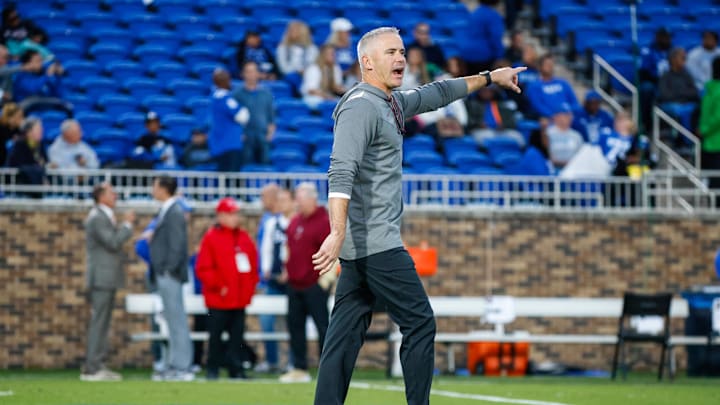 Oct 18, 2024; Durham, North Carolina, USA; Florida State Seminoles head coach Mike Norvell points prior to the first half of the game against Florida State at Wallace Wade Stadium. Mandatory Credit: Jaylynn Nash-Imagn Images