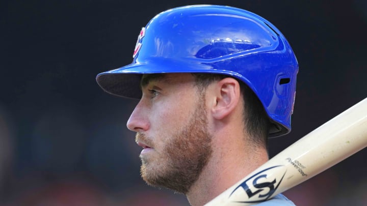 Jul 10, 2024; Baltimore, Maryland, USA; Chicago Cubs outfielder Cody Bellinger (24) prior to his first at bat in the first inning against the Baltimore Orioles at Oriole Park at Camden Yards. Mandatory Credit: Mitch Stringer-USA TODAY Sports