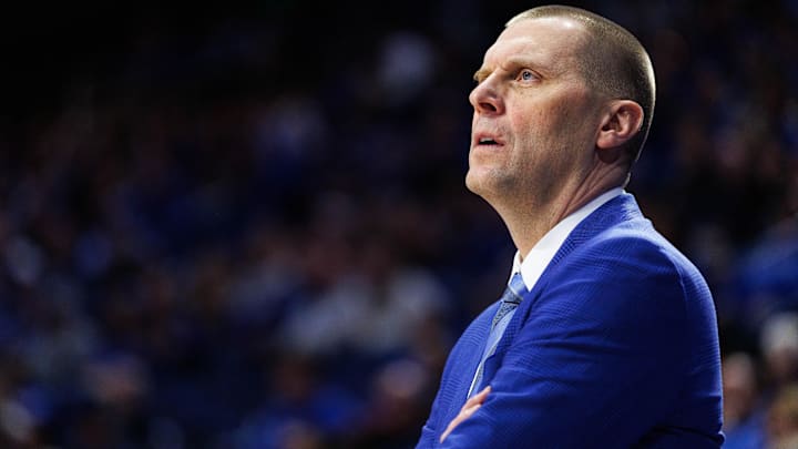 Jan 24, 2026; Lexington, Kentucky, USA; Kentucky Wildcats head coach Mark Pope looks on during the first half against the Mississippi Rebels at Rupp Arena at Central Bank Center. Mandatory Credit: Jordan Prather-Imagn Images