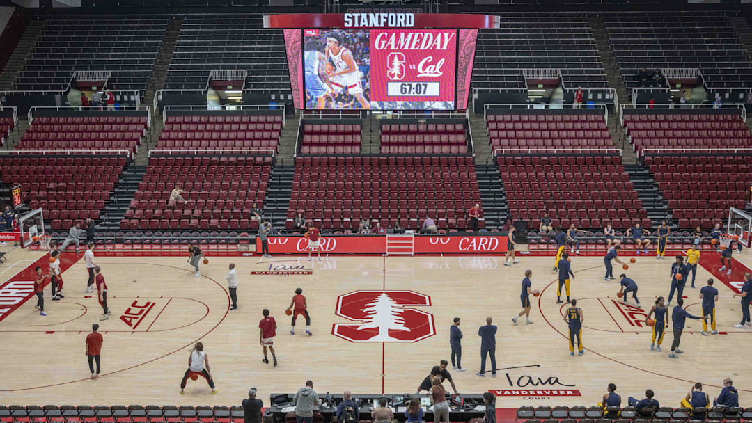 Jan 24, 2026; Stanford, California, USA;  General view of warmups prior to the game between the Stanford Cardinals and the California Golden Bears at Maples Pavilion. Mandatory Credit: Stan Szeto-Imagn Images